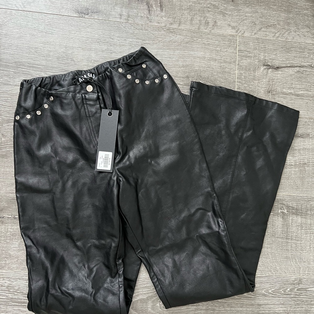 Black Faux Leather Pants with Stud Details